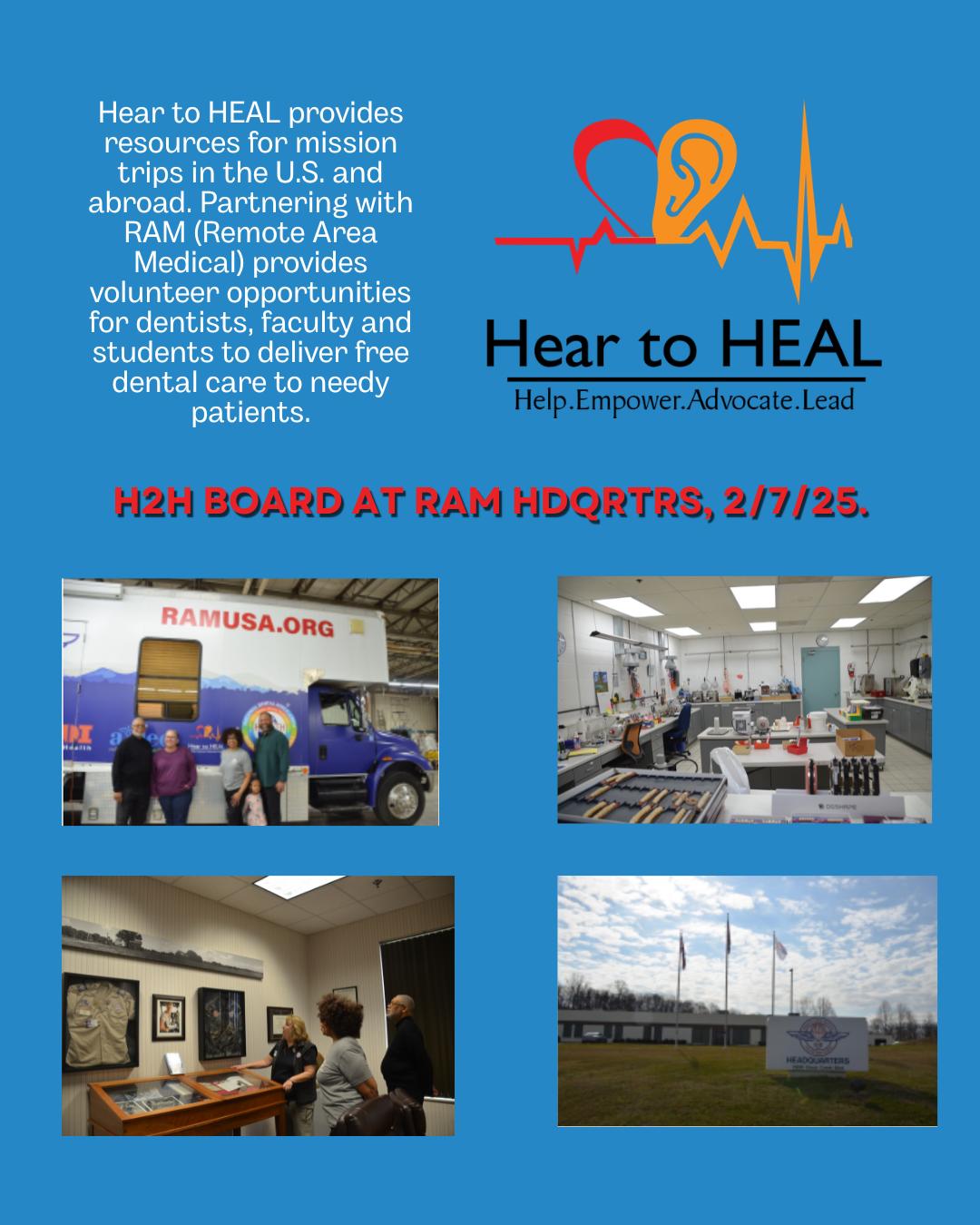 Hear to HEAL board visit to RAM headquarters collage with facility and dental equipment photos.