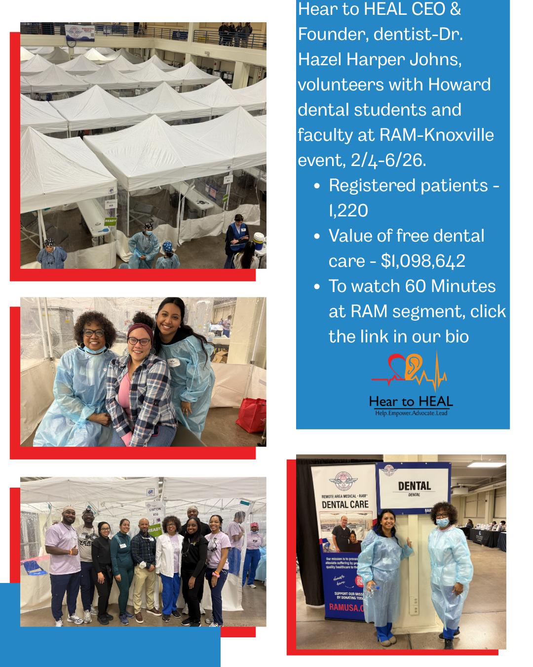 RAM Knoxville volunteer collage showing dental care tents, volunteers, and event impact details.